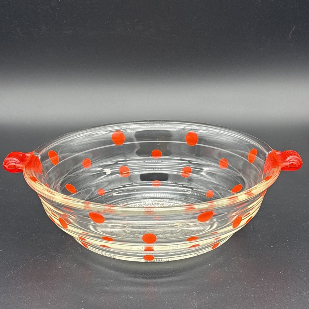Vintage 1920s Glasbake Red Polka Dot Bowl Tab Handles Textured Bottom #55